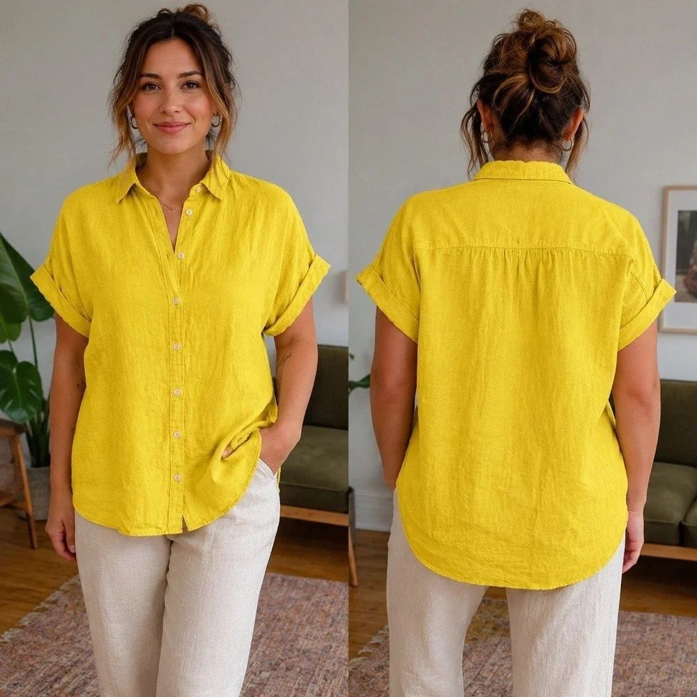 J.Crew Baird McNutt Irish Linen Relaxed Shirt Yellow Short Sleeve Large
